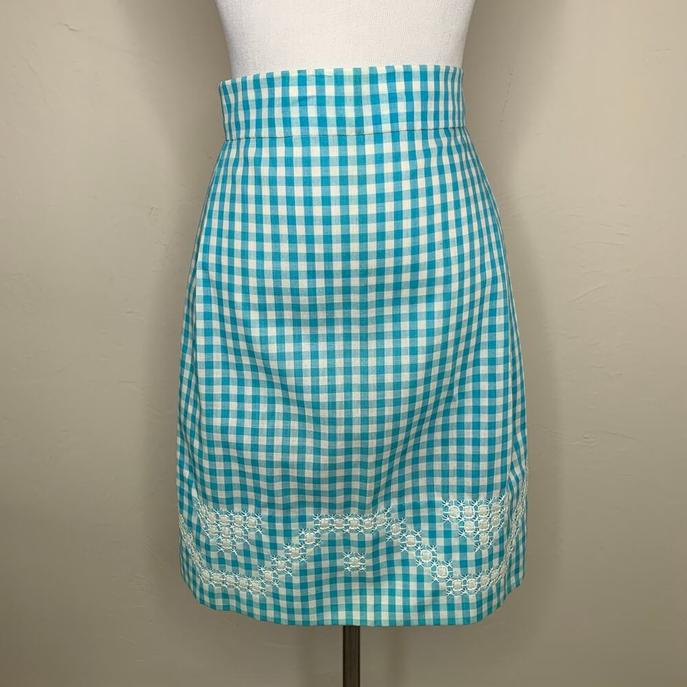Vintage Turquoise Gingham Half Apron Hand Embroidered OSFM